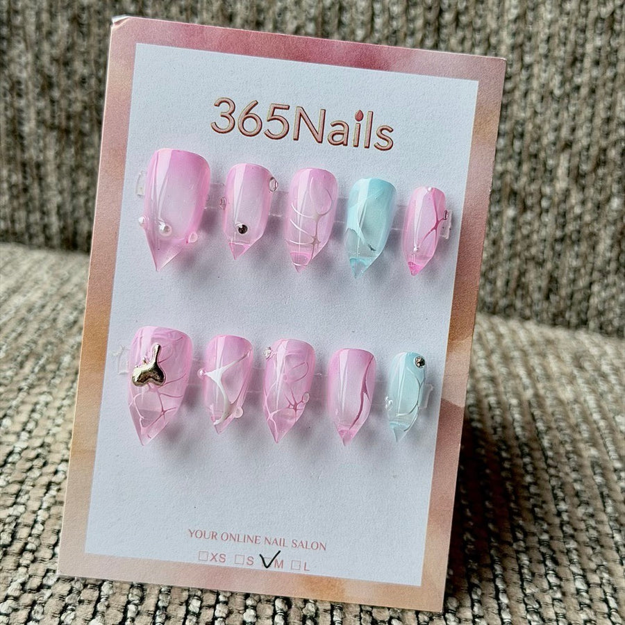 365nails: "Pastel Cracked Vein Jelly" – Mini Metal Charm Handmade Medium Stiletto Nails