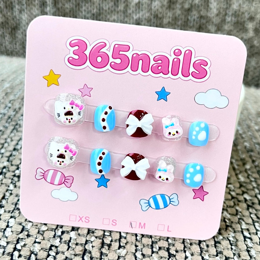 365nails: "Sweet Bow Kitty" – 3D 캐릭터·리본 수제 숏 스퀘어형 네일