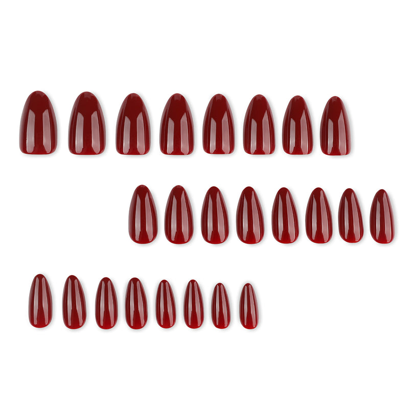 Twenty-four glossy wine red almond nail tips arranged in three rows