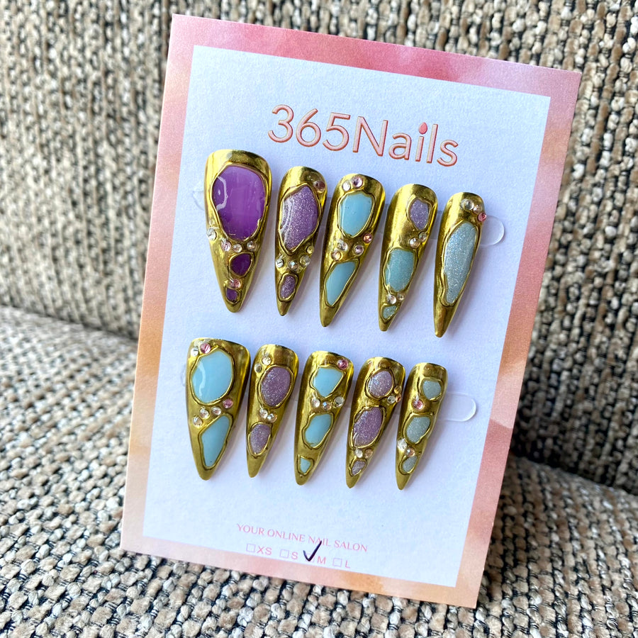 365nails: "Gilded Gem Reverie" – Gold Frame & Crystal Inlay Handmade Stiletto Nails