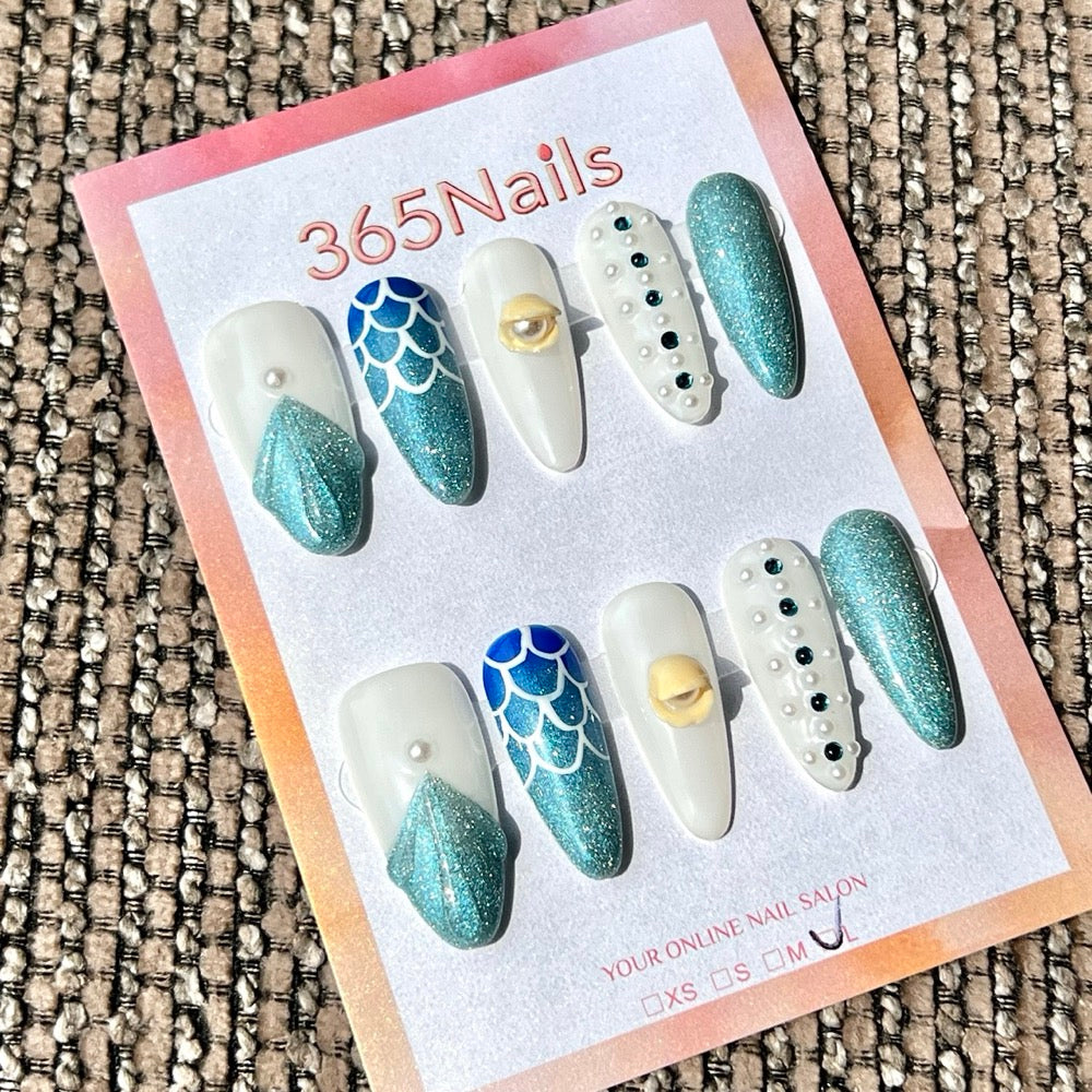 365nails: "Ocean Mermaid Scale Shell Pearl" – Handmade Medium Stiletto Press-On Nails