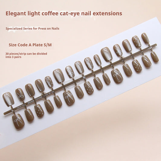 Nail Tips  prefabricated nail light coffee line bow polka dot cat eye gentle white  nail patch｜365nails