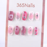 Pink Glitter Press-On Nails with Silver Flames and Star Designs