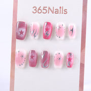 Pink Glitter Press-On Nails with Silver Flames and Star Designs ( MOQ=5pcs )