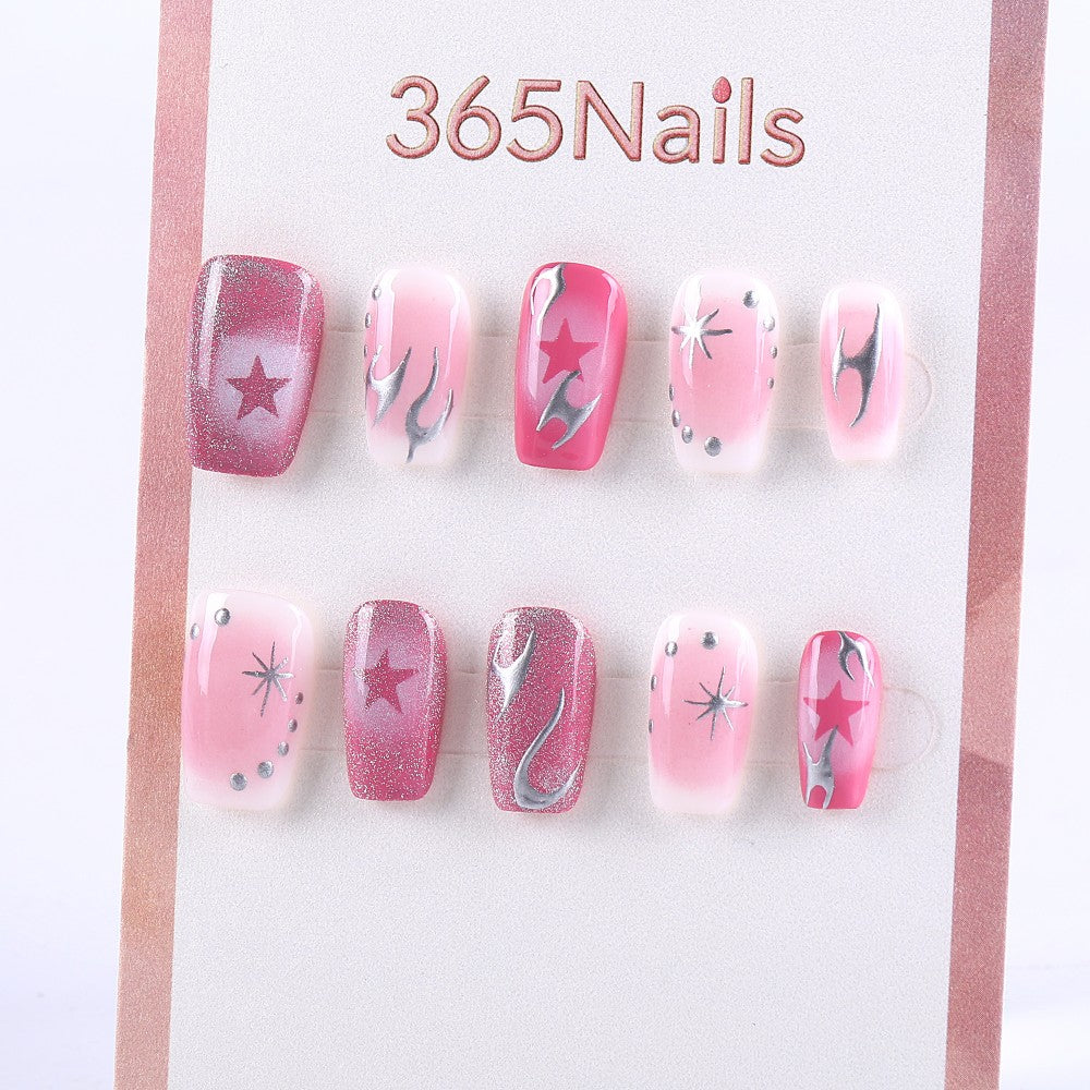 Pink Glitter Press-On Nails with Silver Flames and Star Designs