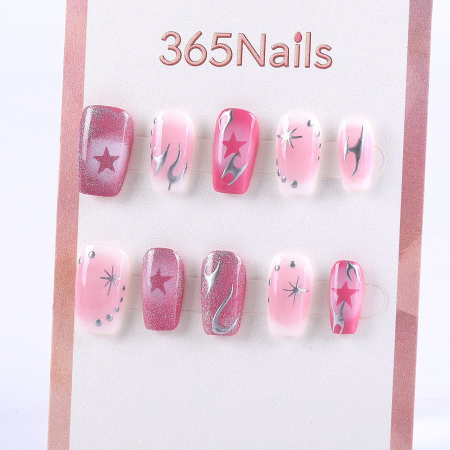 Pink Glitter Press-On Nails with Silver Flames and Star Designs ( MOQ=5pcs )