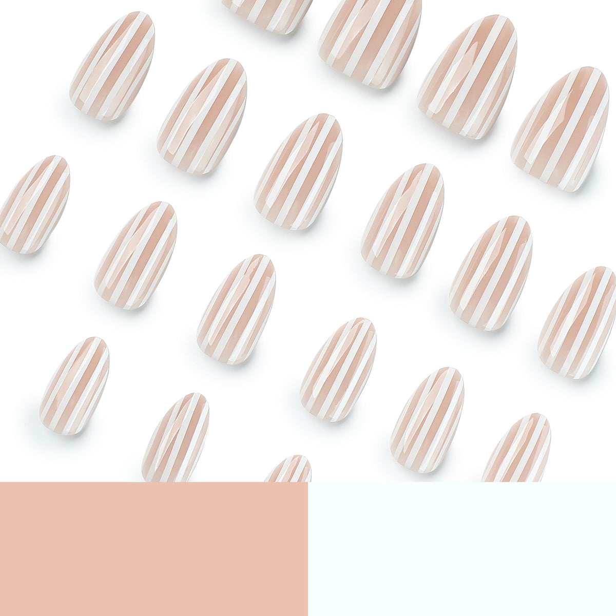Diagonal row of nude striped press-on nails on white background with color swatches