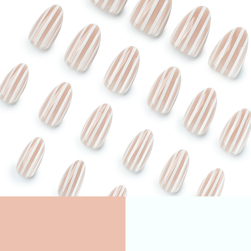 Diagonal row of nude striped press-on nails on white background with color swatches