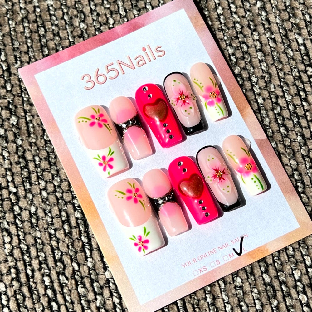 365nails — « Rosée Tropicale » : ongles press-on faits main, forme coffin, motif floral 3D & cœur