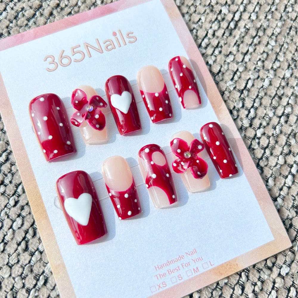 Sculpted Flora: "Cherry Polka Love" – 3D Burgundy Floral, White Heart & Polka Dot French Long Square Nails