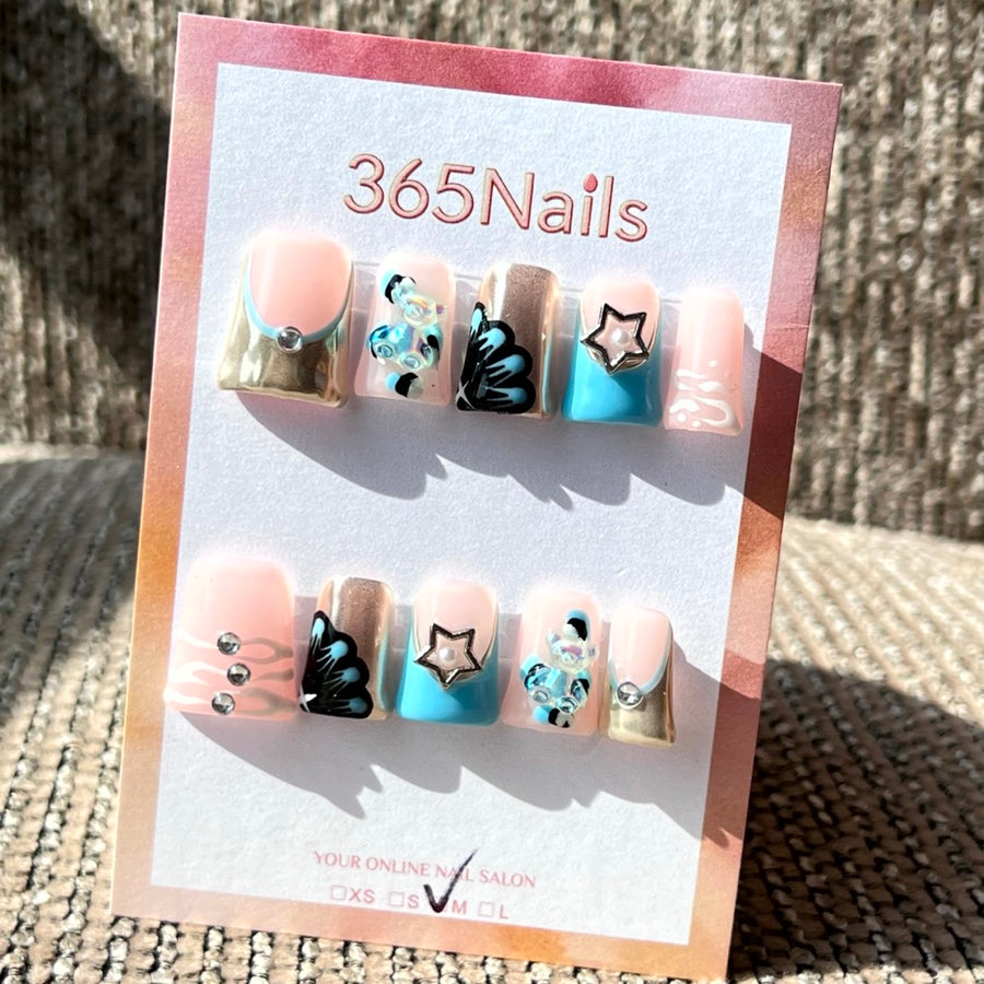 365nails: "Celestial Chic" – 3D Star & Floral Handmade Square Nails