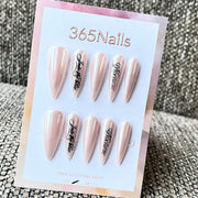 Shimmer Nude Stiletto Press-On Nails with Graphic Text