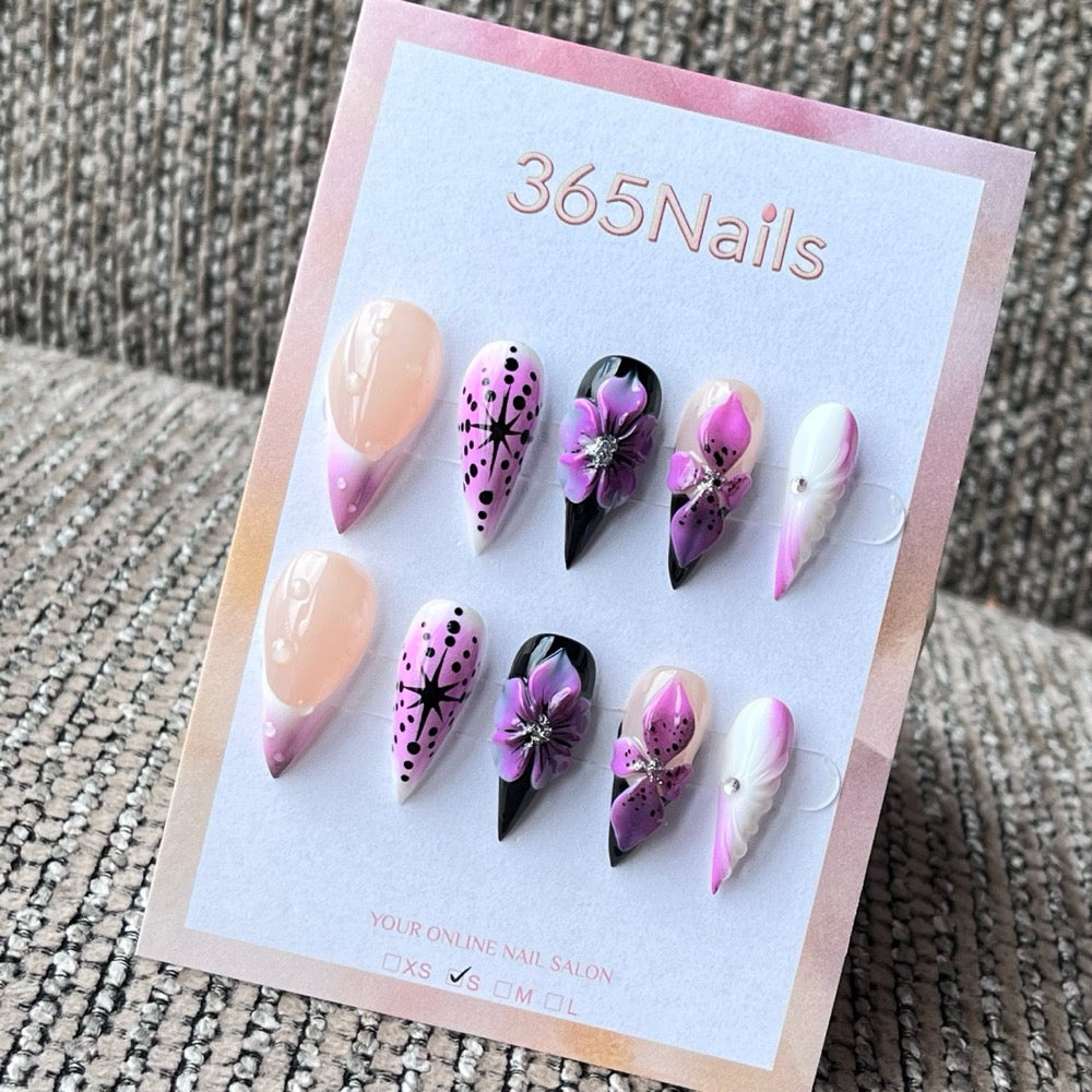 Purple 3D Floral Stiletto Press-On Nails