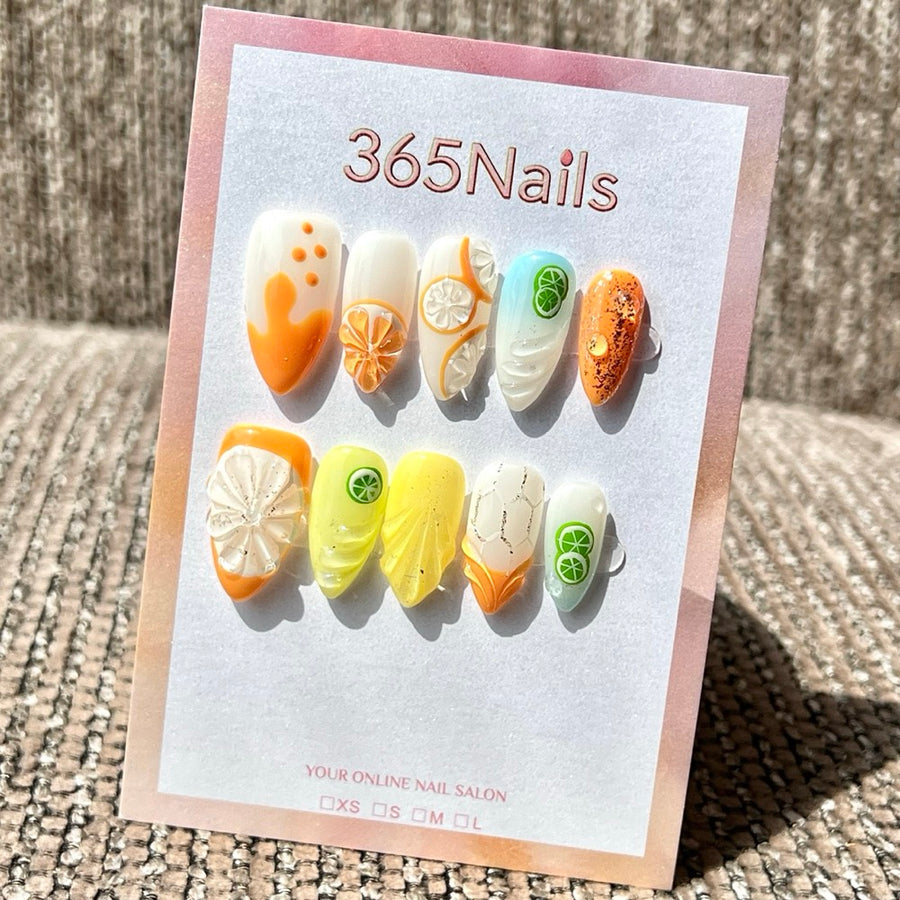 365nails: "Citrus Splash" – 3D Sculpted Handmade Medium Almond Press On Nails