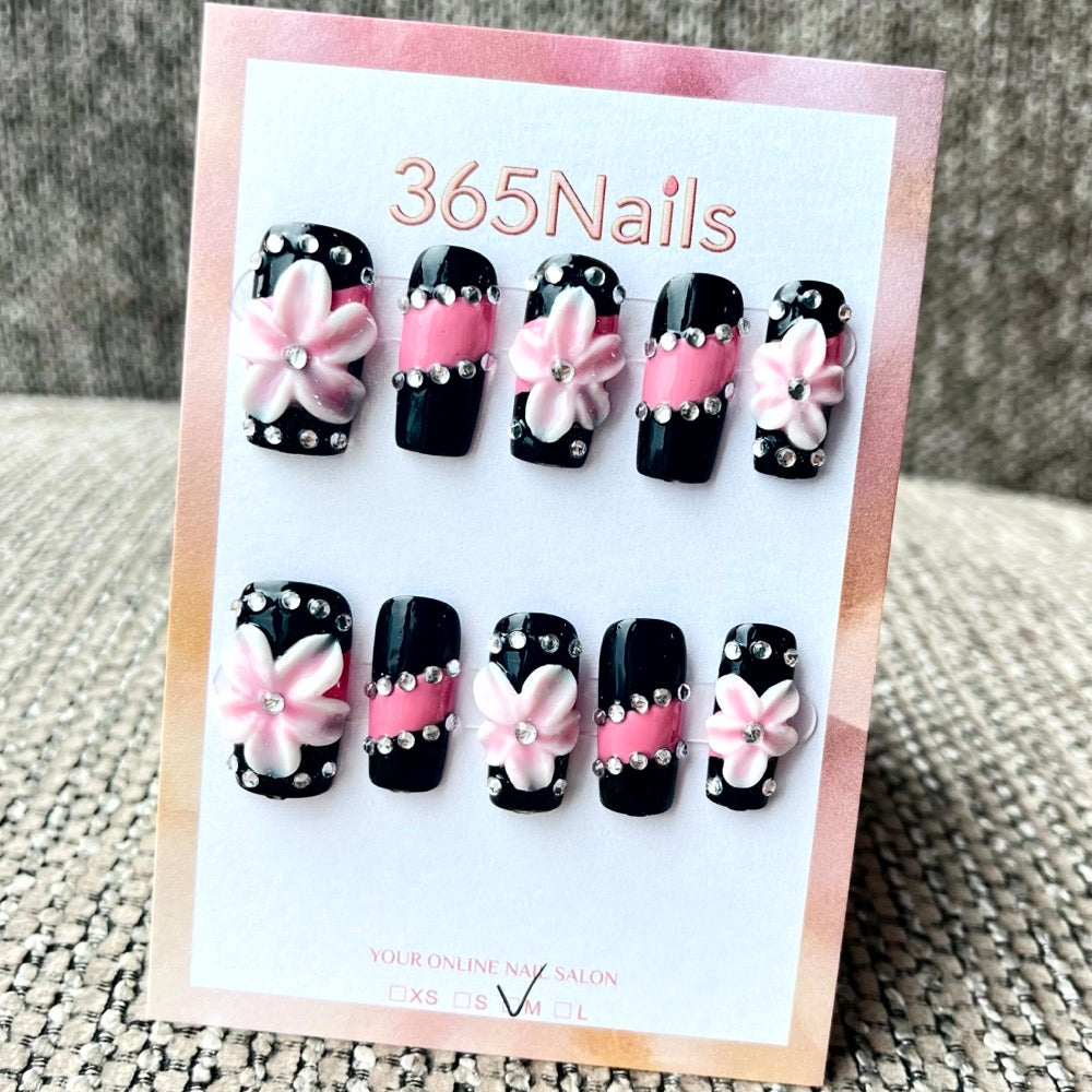 365nails: "Midnight Blossom" – 3D Floral Handmade Square Nails