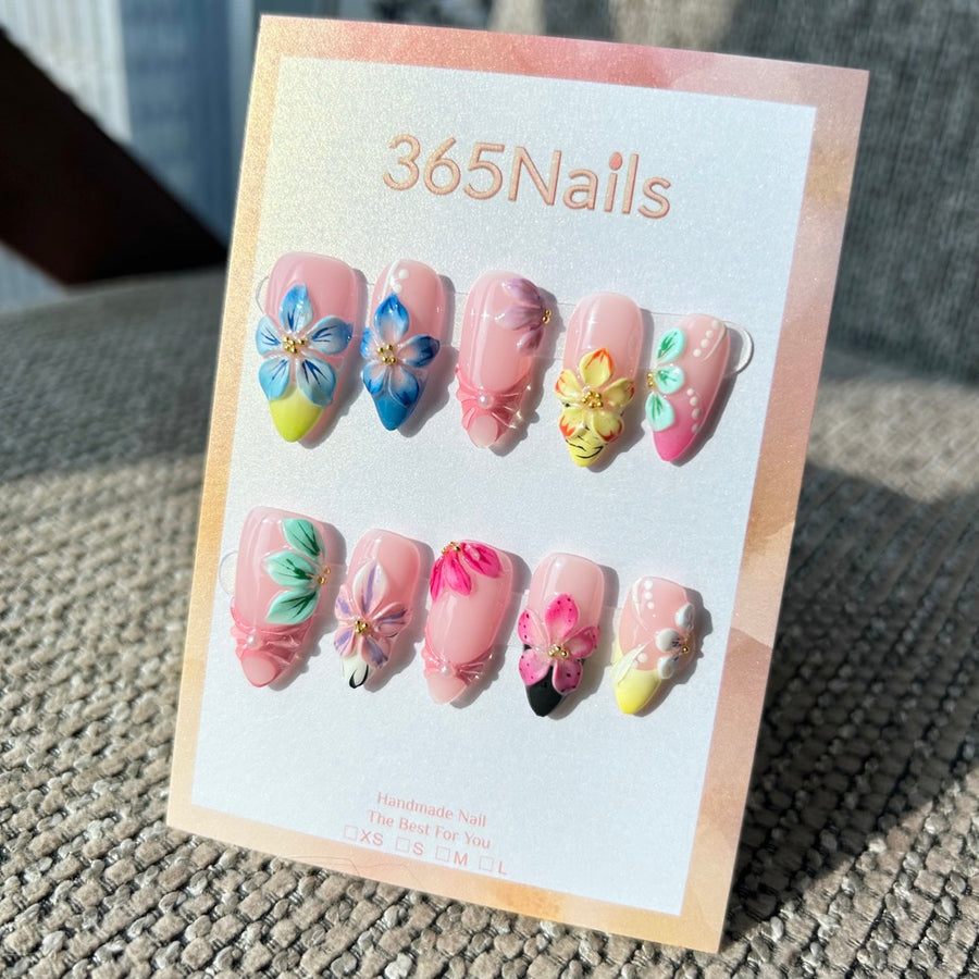 Handmade "Garden Party" 3D Floral Press-on Nails | Multi-Color Petals & Corset Detail | Almond