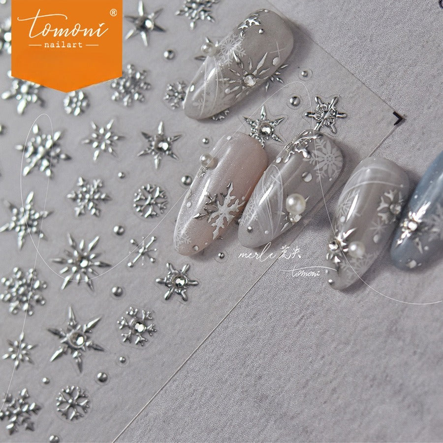 Silver Snowflake Collection: "Crystal Silver Snowflake" – 3D Embossed Nail Sticker