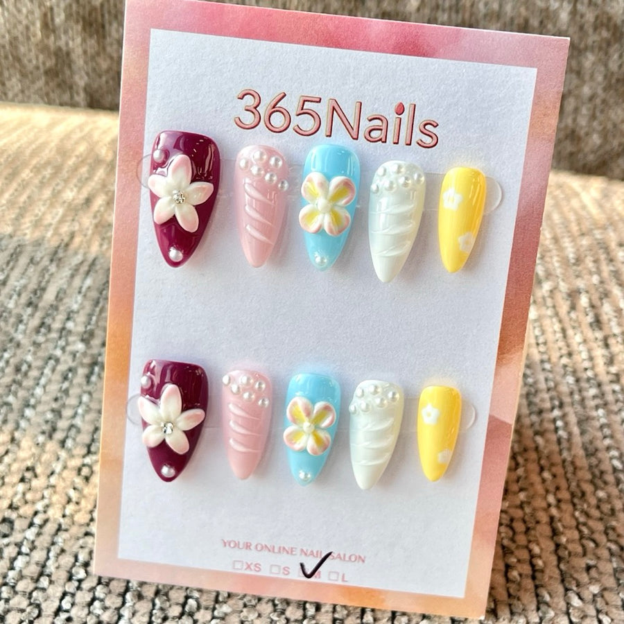 365nails: "Colorful Flower Pearl Wave 3D" – Handmade Medium Stiletto Press-On Nails