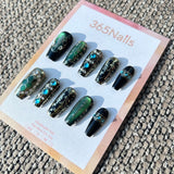 The Gilded Serpent: "Jade Empress" – Dark Teal & Gold Chinoiserie Press-On Nails with Vintage Floral Relief & Kanji Art