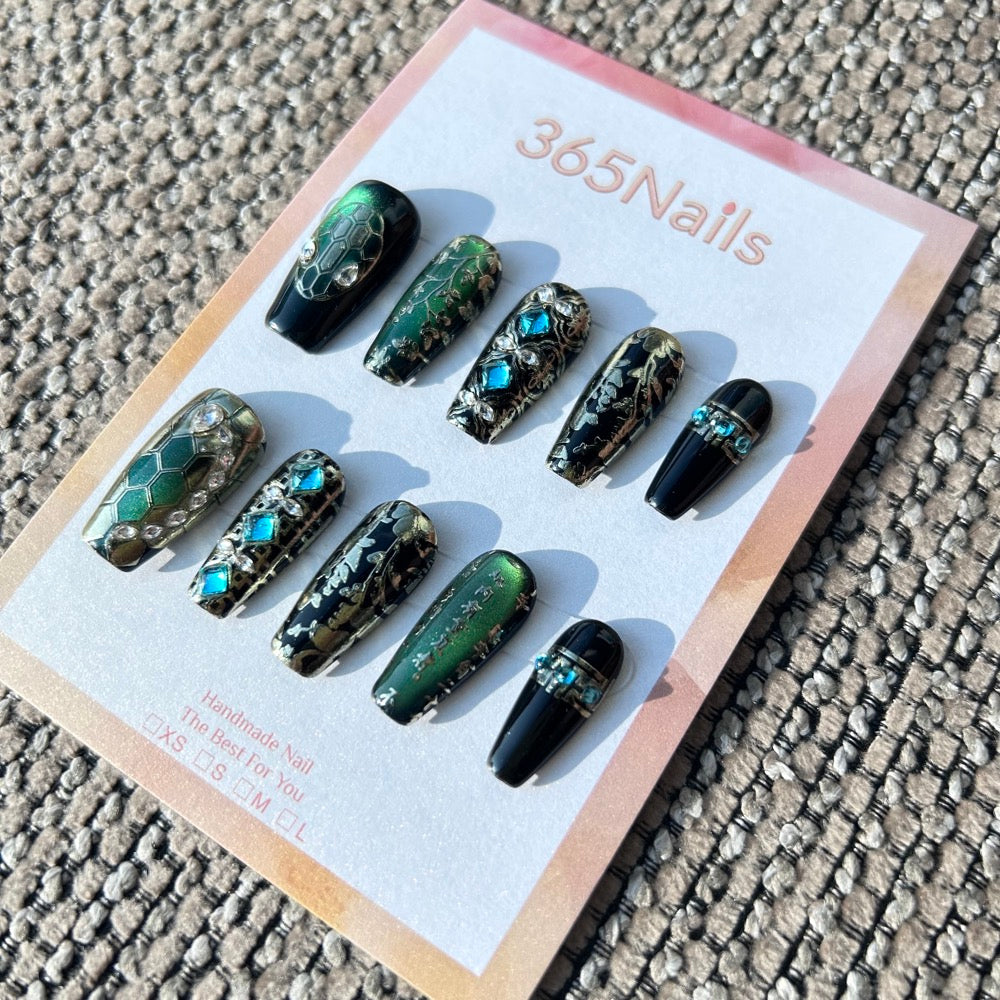 The Gilded Serpent: "Jade Empress" – Dark Teal & Gold Chinoiserie Press-On Nails with Vintage Floral Relief & Kanji Art