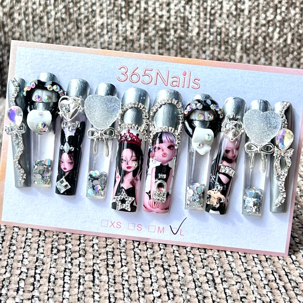 365nails: "Silver Sweet Gothic" – Handmade Cartoon Liquid Motion Press-On Long Pipe Nails-5.5cm
