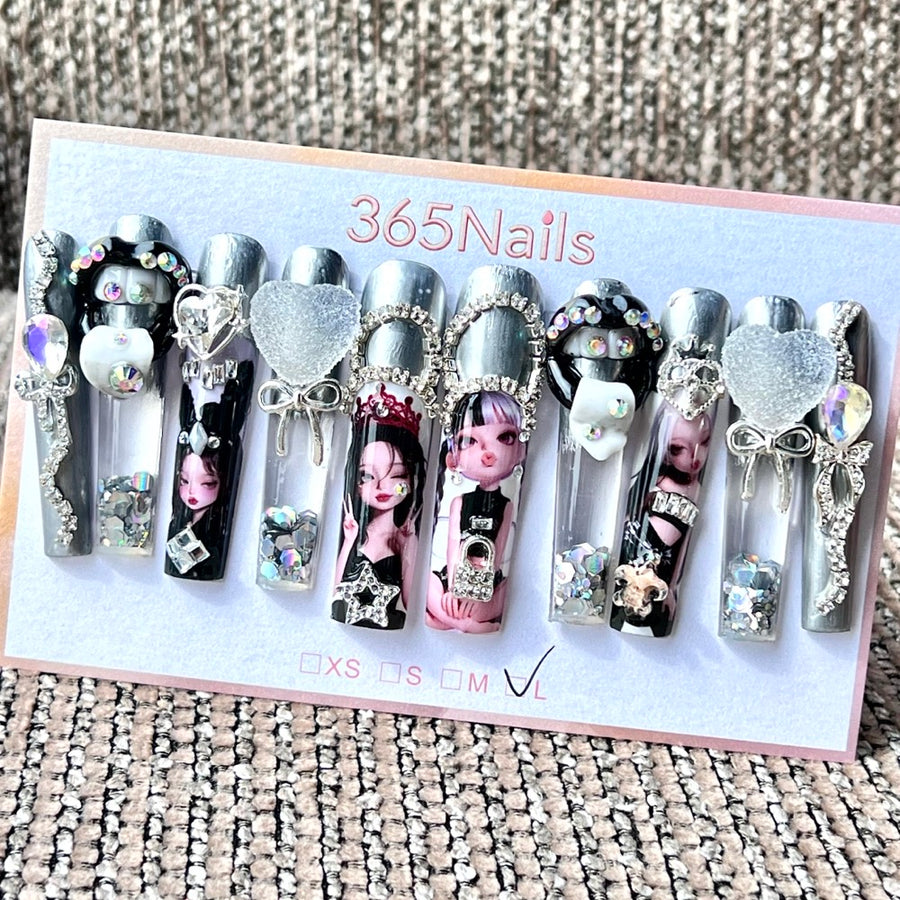 365nails: "Silver Sweet Gothic" – Handmade Cartoon Liquid Motion Press-On Long Pipe Nails-5.5cm