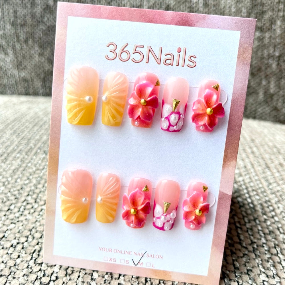 365nails: "Citrus Bloom" – 3D Floral Handmade Almond Nails