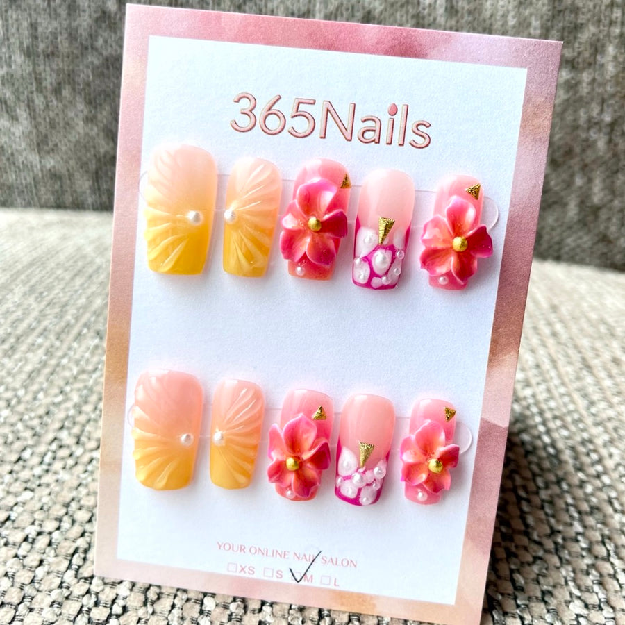 365nails: 시트러스 블룸 – 3D 플로럴 수제 아몬드형 프레스온 네일