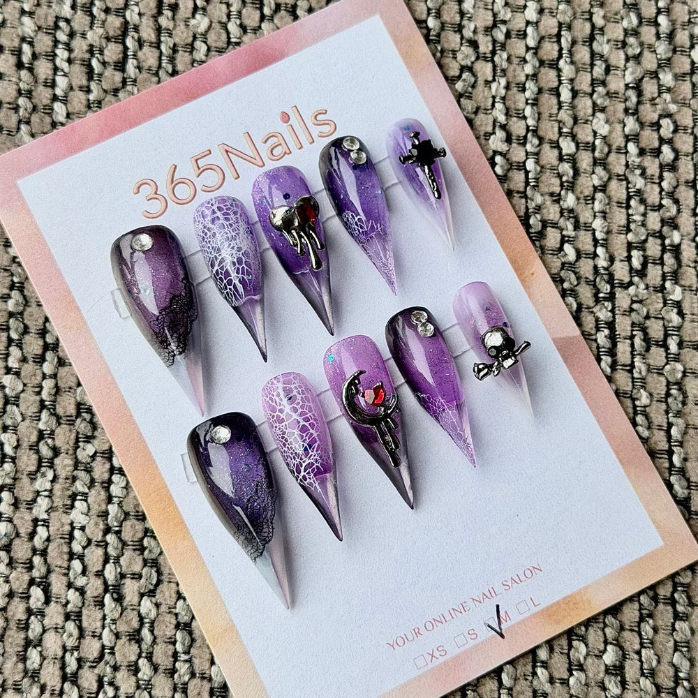 365nails: "Purple Gothic Lace Moon Skull" – 3D Red Heart Metal Charm Handmade Long Stiletto Nails