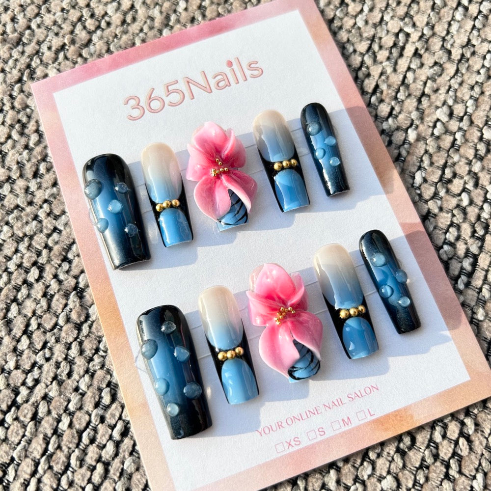 Sculpted Flora: "Midnight Lotus & Blue Dew" – 3D Pink Flowers on Deep Blue Cat Eye Gradient Coffin Nails