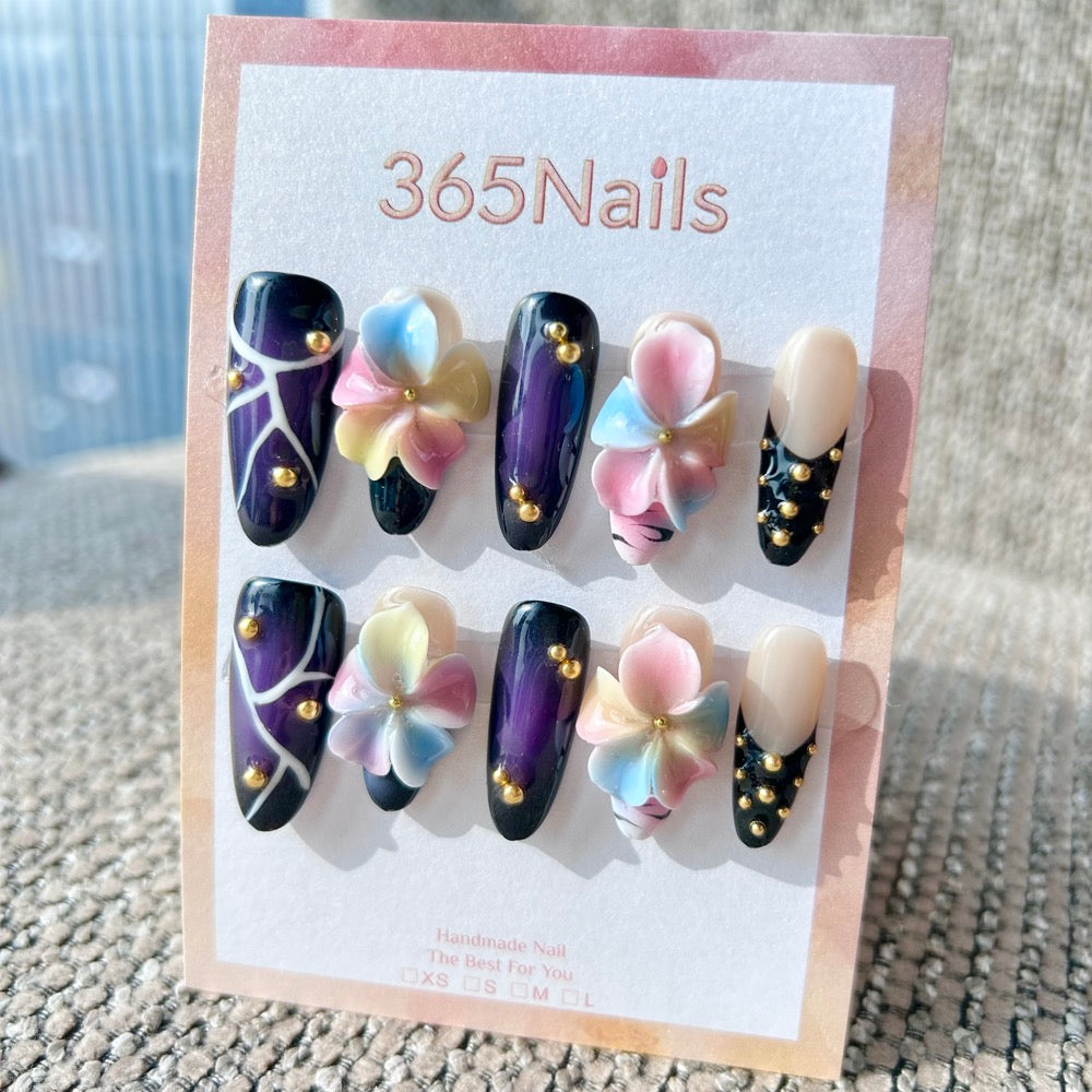 Sculpted Flora: "Galactic Blossom" – 3D Multicolor Floral & Gold Beaded Dark Purple Long Stiletto Nails