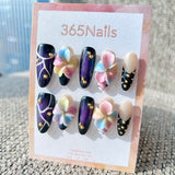 Sculpted Flora: "Galactic Blossom" – 3D Multicolor Floral & Gold Beaded Dark Purple Long Stiletto Nails