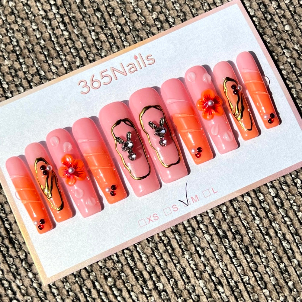 365nails: "Sweet Bloom" – 3D Floral & Rabbit Handmade Long Coffin Nails