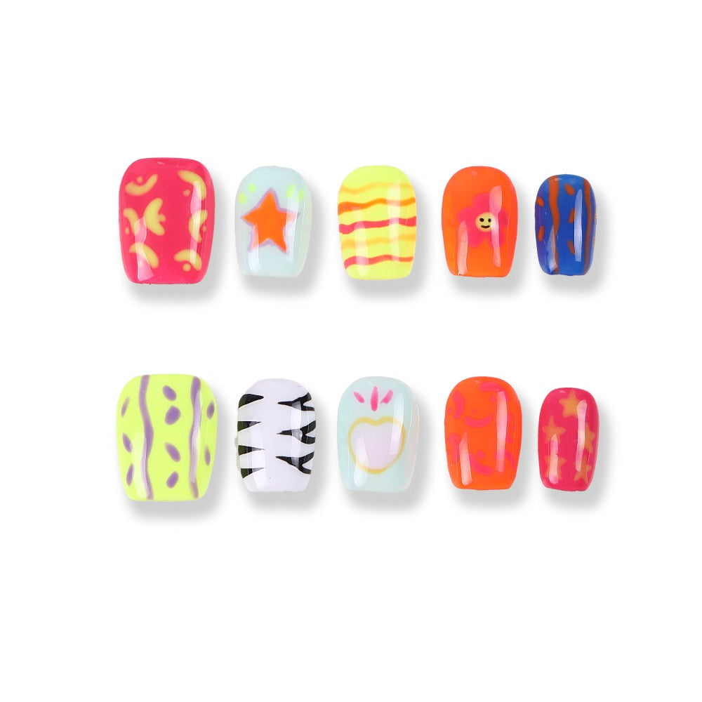 365Nails Neon Doodle Hand‑Painted Short Tips