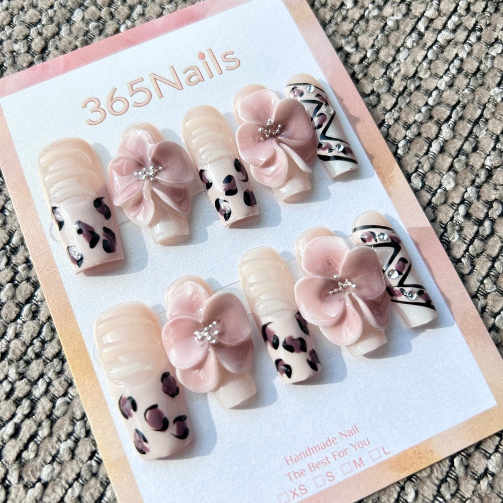 Sculpted Flora: "Wild Orchid" – 3D Dusty Pink Floral & Leopard Print Long Square Nails