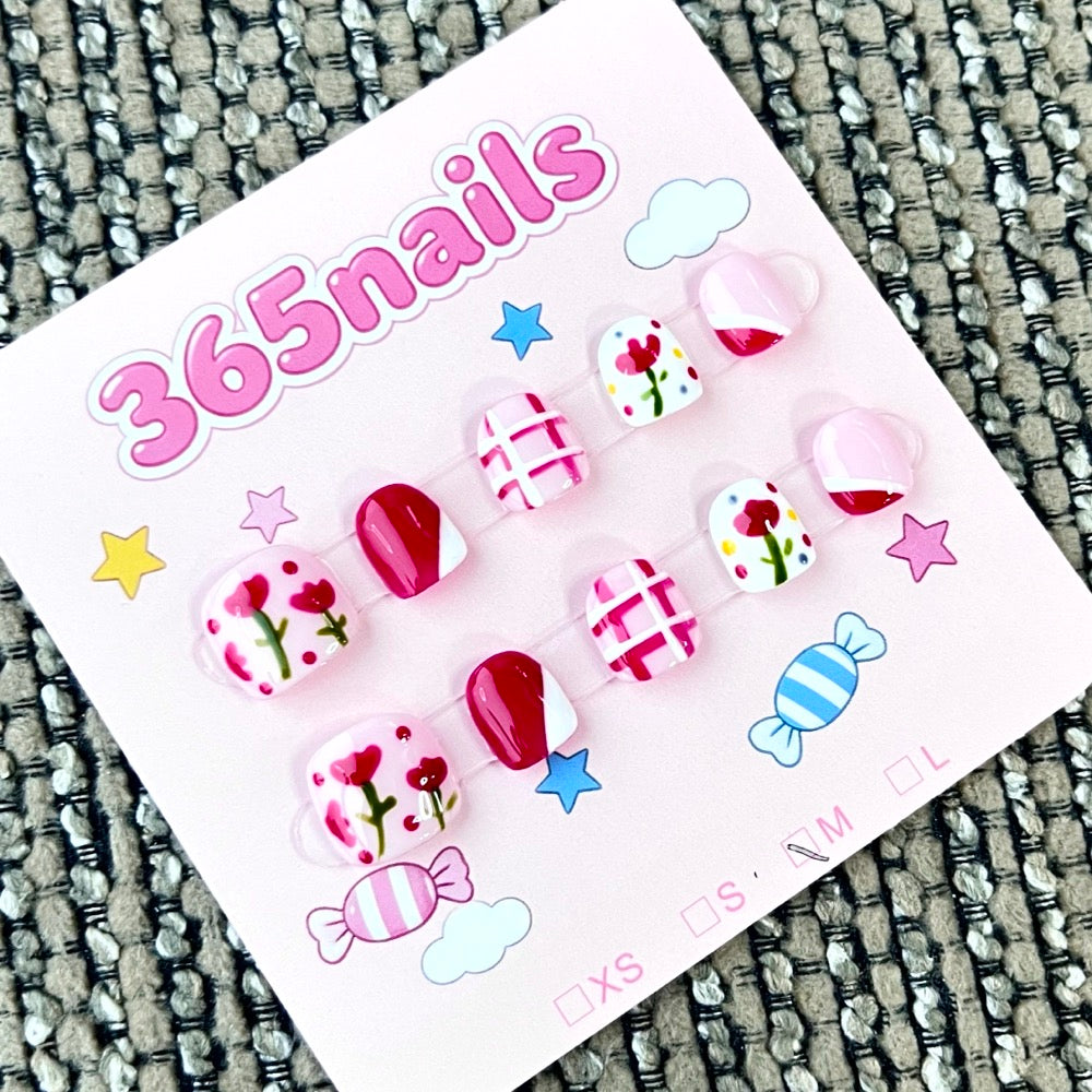 365nails: "Tulip Garden" – 3D Floral & Plaid Handmade Short Square Nails