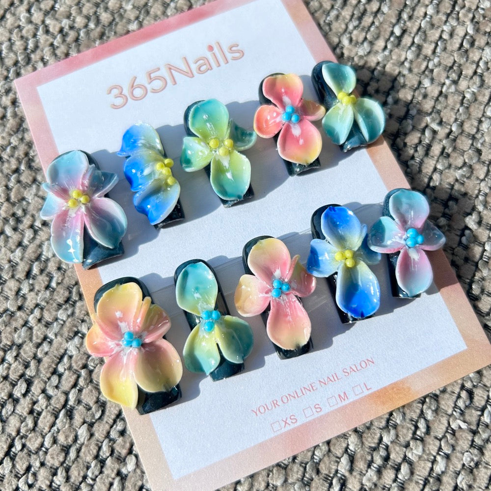 Sculpted Flora: "Midnight Glazed Garden" – 3D Multi-Color Gradient Flowers on Black Square Nails