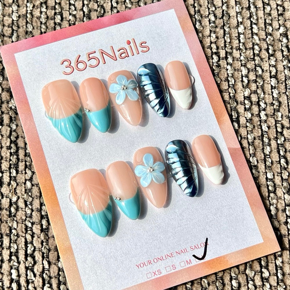 365nails: "Ocean Blue Hibiscus Chrome" – 3D Flower & Shell Handmade Medium Stiletto Press-On Nails