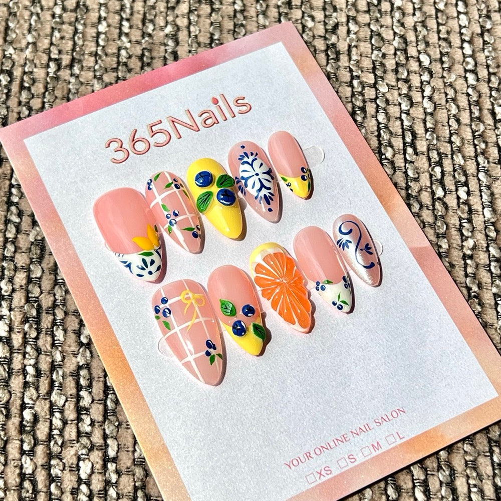 365nails: 블루베리 시트러스 – 3D 조형 수제 미디엄 아몬드형 프레스온 네일