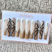 365nails: "Gold White Black Rhinestone Long" – Handmade Long Trapezoid Press-On Nails