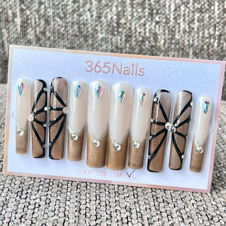 365nails 골드·화이트·블랙 라인스톤 수제 롱 사다리꼴형 프레스온 네일