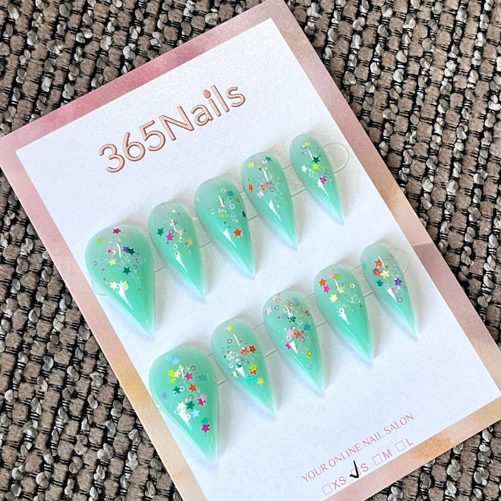 Mint Confetti Meadow - Green Press-On Nails