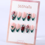 Christmas candy cane bow dark green French medium almond press on nail
