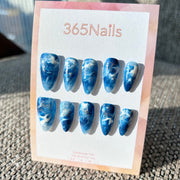 Azure Ocean & Crashing Waves Ice Blue White Marble Shimmer Nails ｜ Handmade Smudge Series(moq=30)