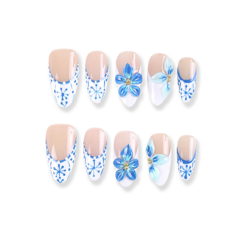Blue and White Floral Press-On Nails with 3D Blossom Design