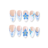 Blue and White Floral Press-On Nails with 3D Blossom Design