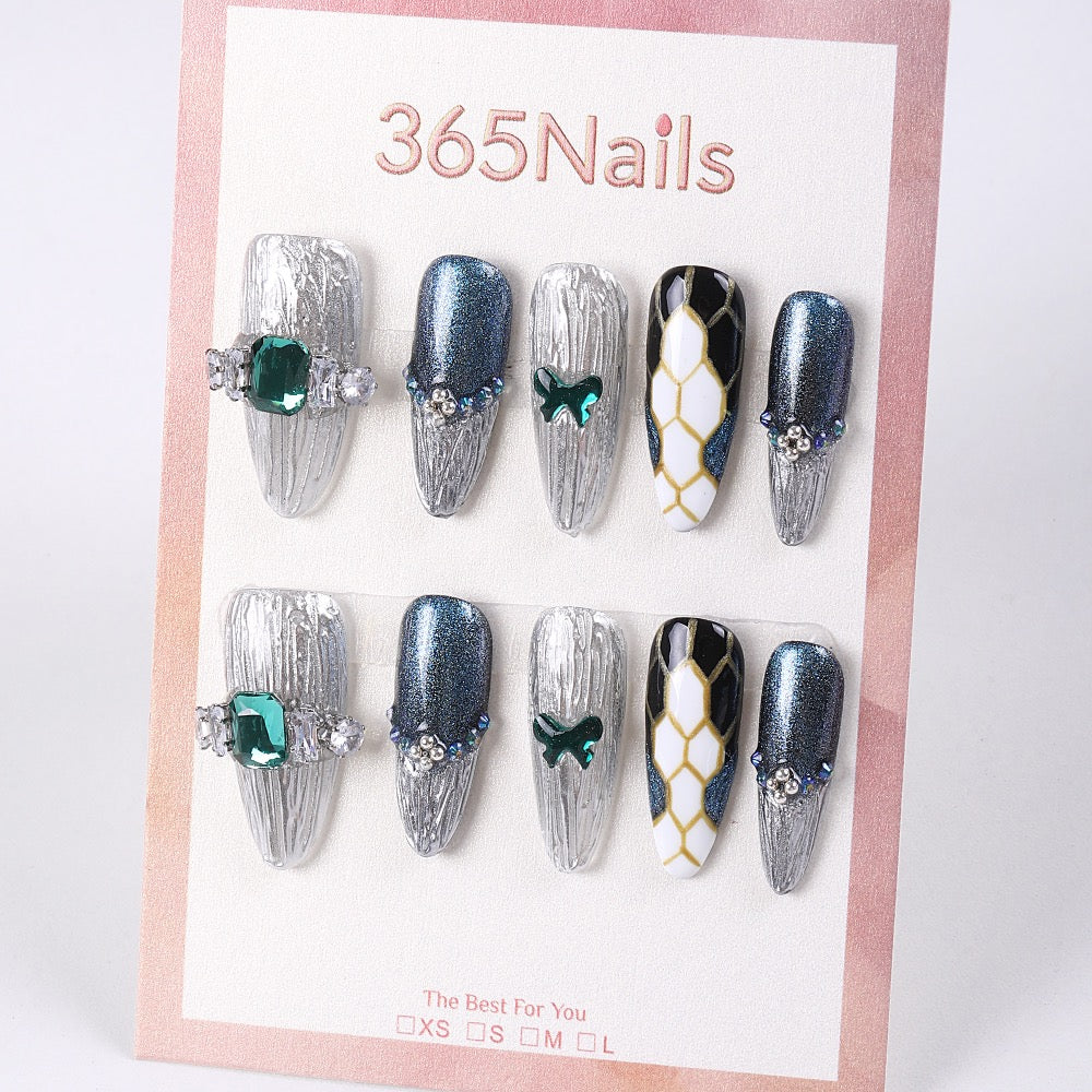 365Nails Frosted Gem Press-On Nails with Silver Brushed Texture, Emerald Stones & Honeycomb Lines