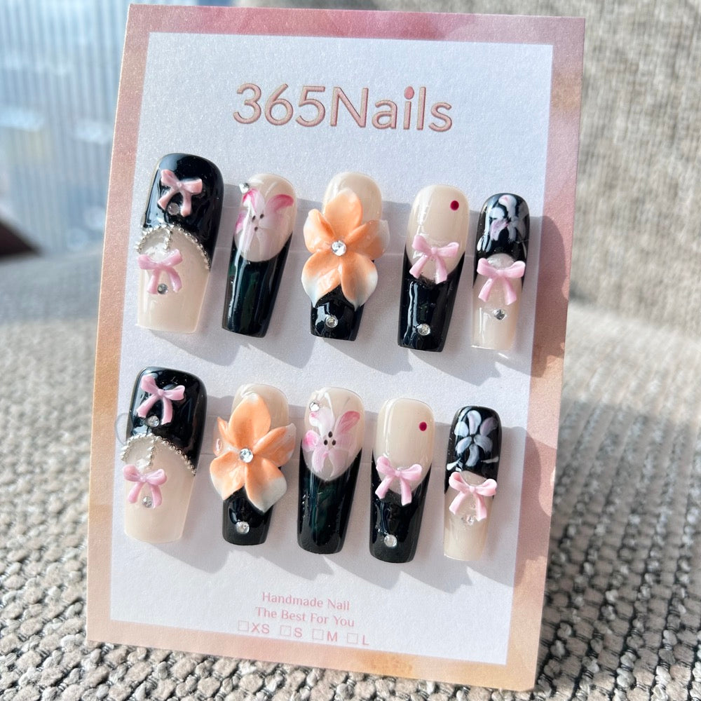 Sculpted Flora: "Sweet Gothic Bloom" – 3D Peach Floral & Pink Bows on Black French Long Square Nails