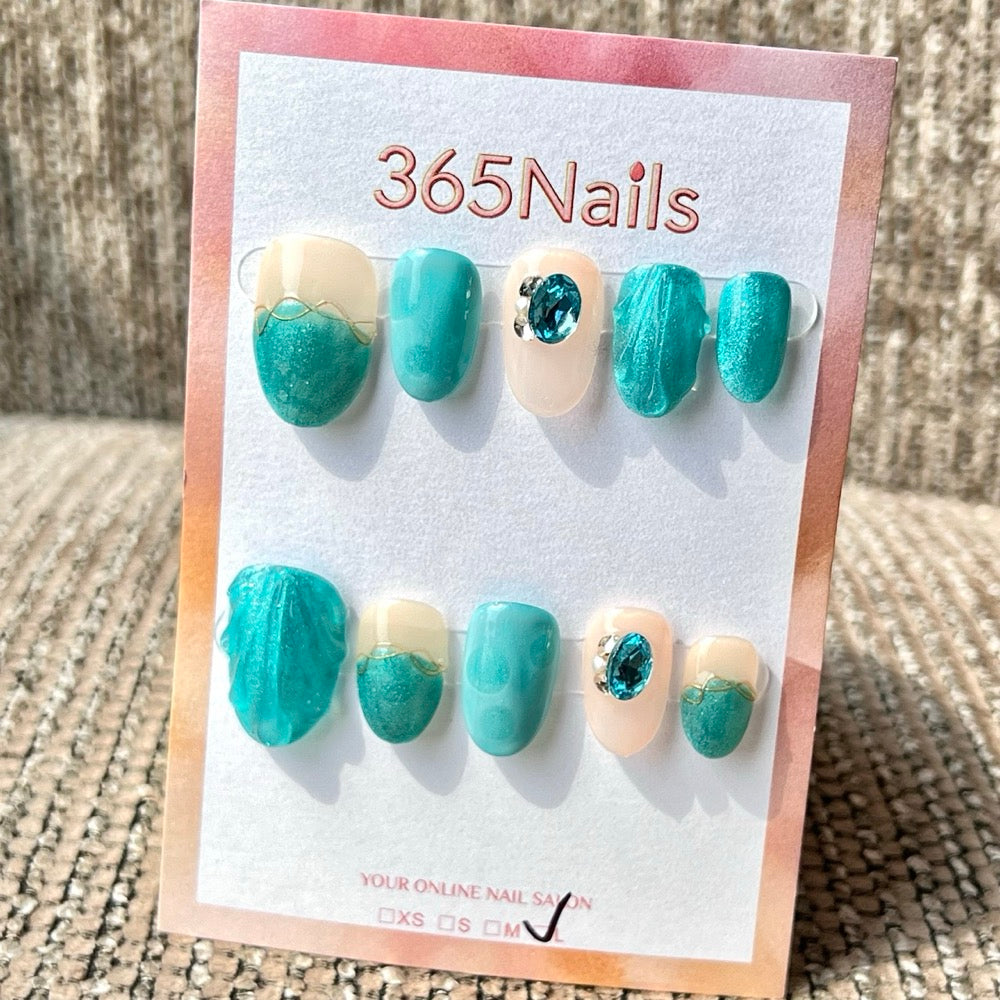 365nails: "Ocean Wave Sapphire" – Handmade Short Oval Press-On Nails
