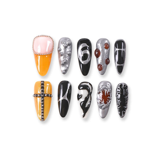 365nails molten silver × amber‑orange abstract edgy press-ons